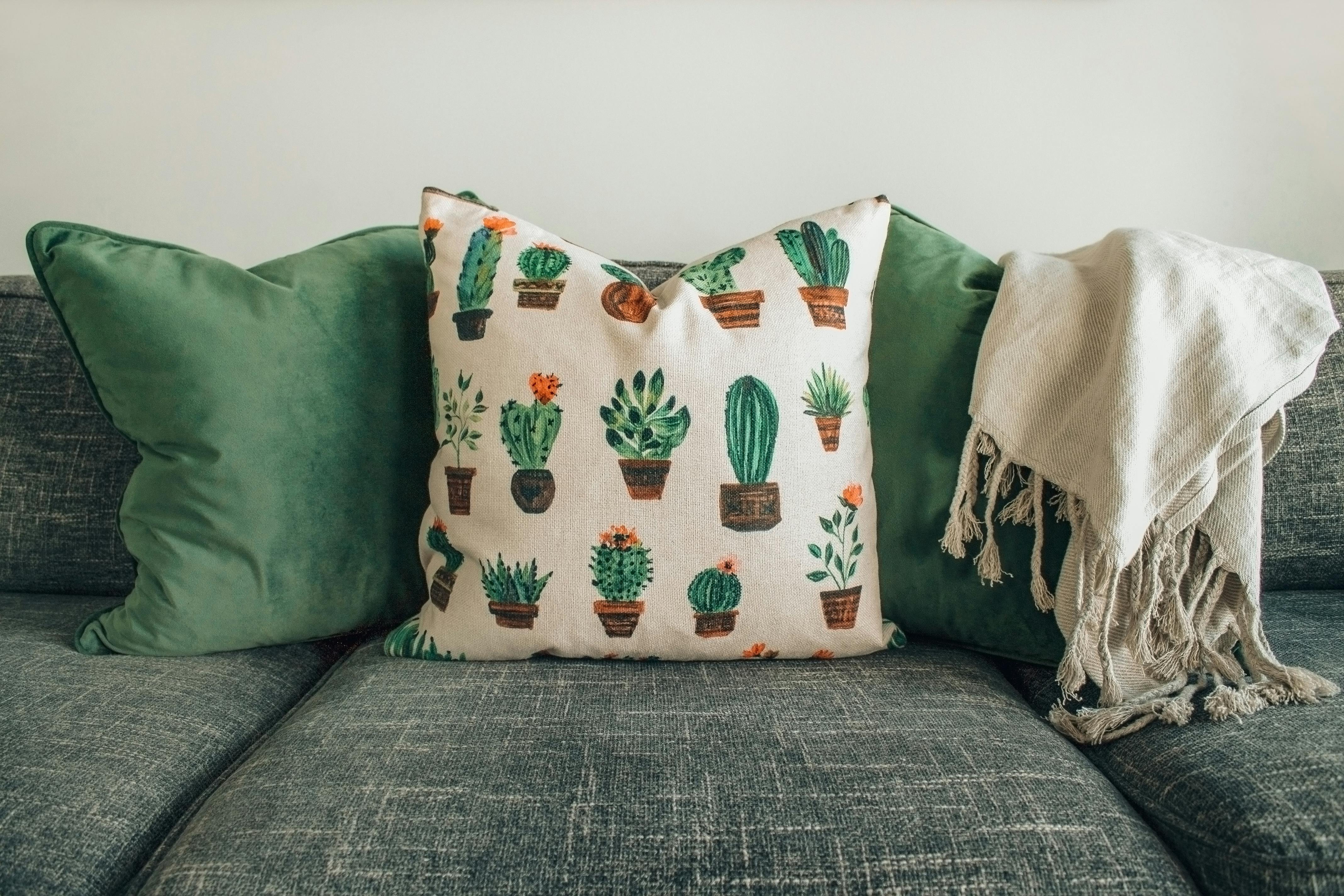 Soft furnishings with linen cushions and layered textiles